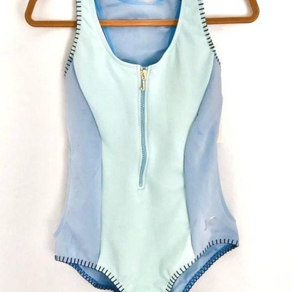 NWT JUICY COUTURE Light Blue LOGO  'Juicy' Zip-Front One-Piece Sporty Swimsuit - Picture 9 of 14